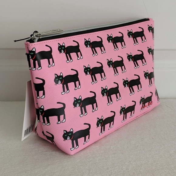 marc tetro Black Cat Print Large Cosmetic Case Pouch PVC Saffiano Pink NWT - Picture 3 of 14